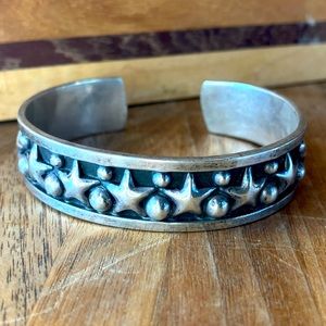 Star and Dot Sterling Silver Cuff Bracelet with Black Background